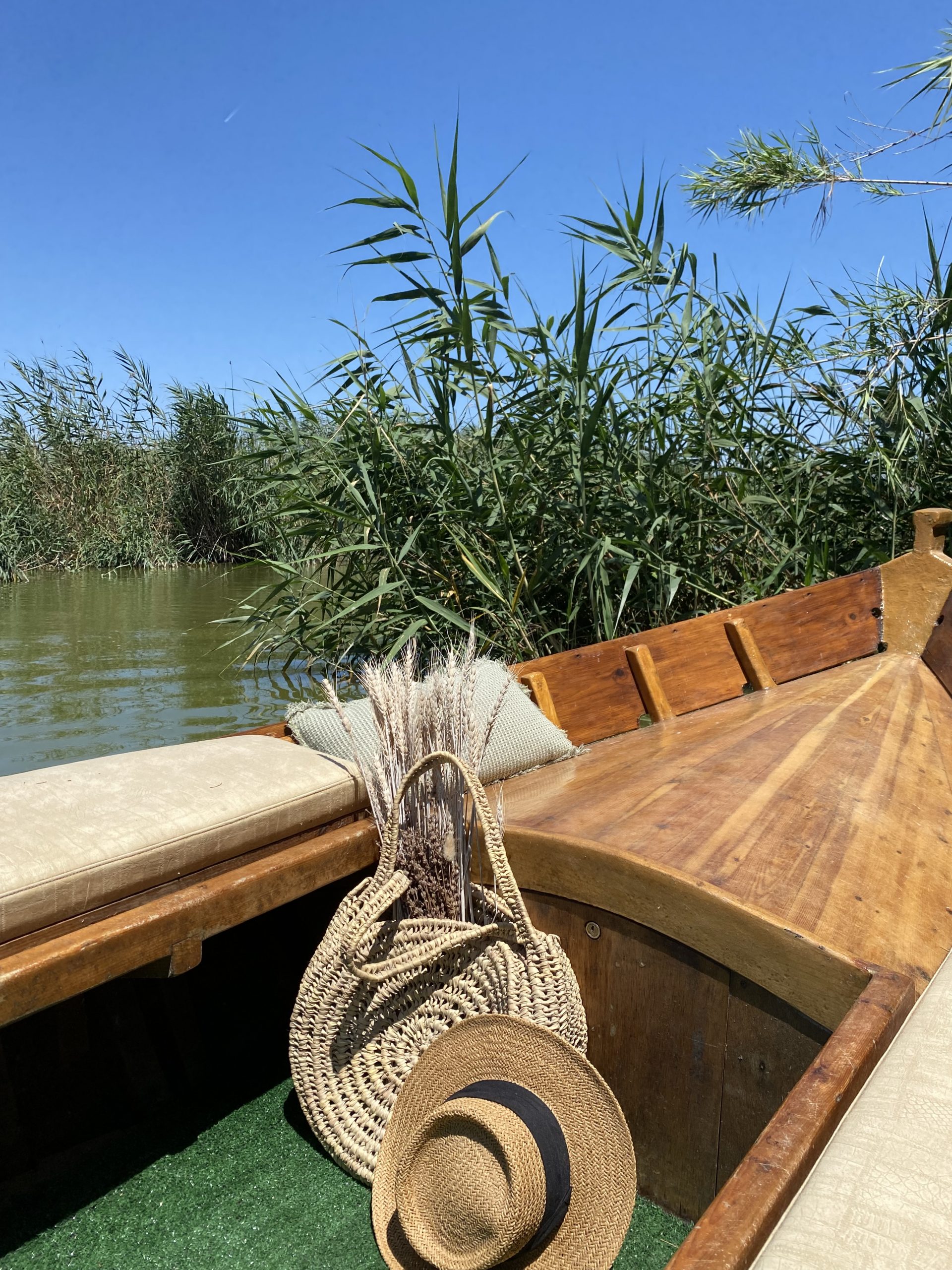 Interior de una barca tradicional en la Albufera de Valencia rodeada de naturaleza