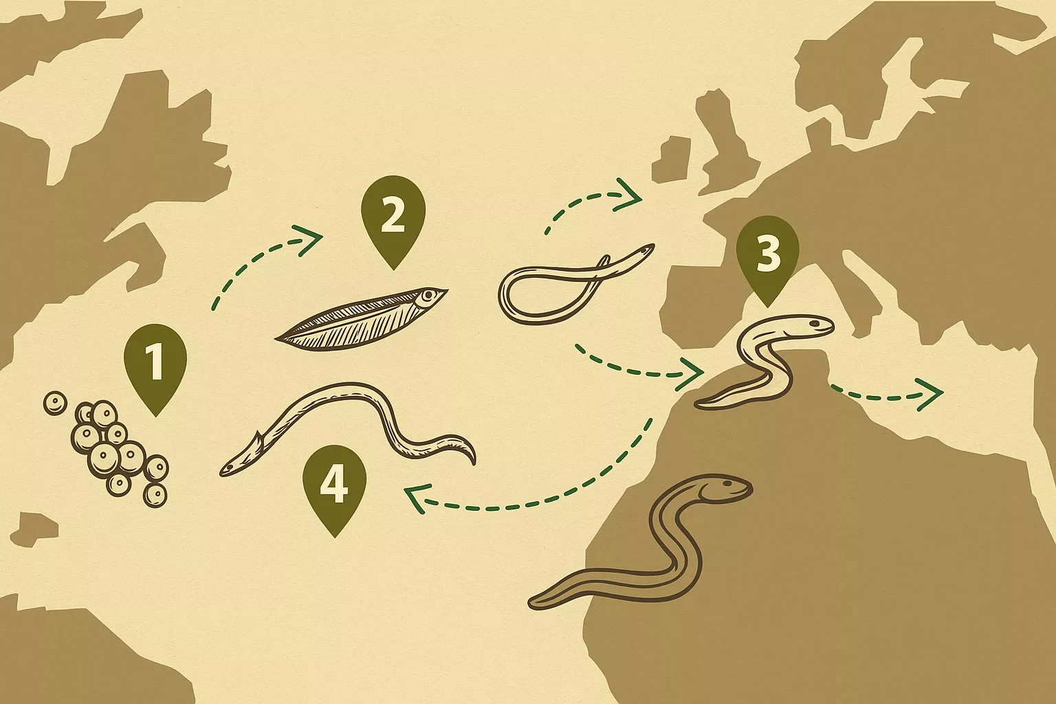 Esquema del ciclo de vida de la anguila europea